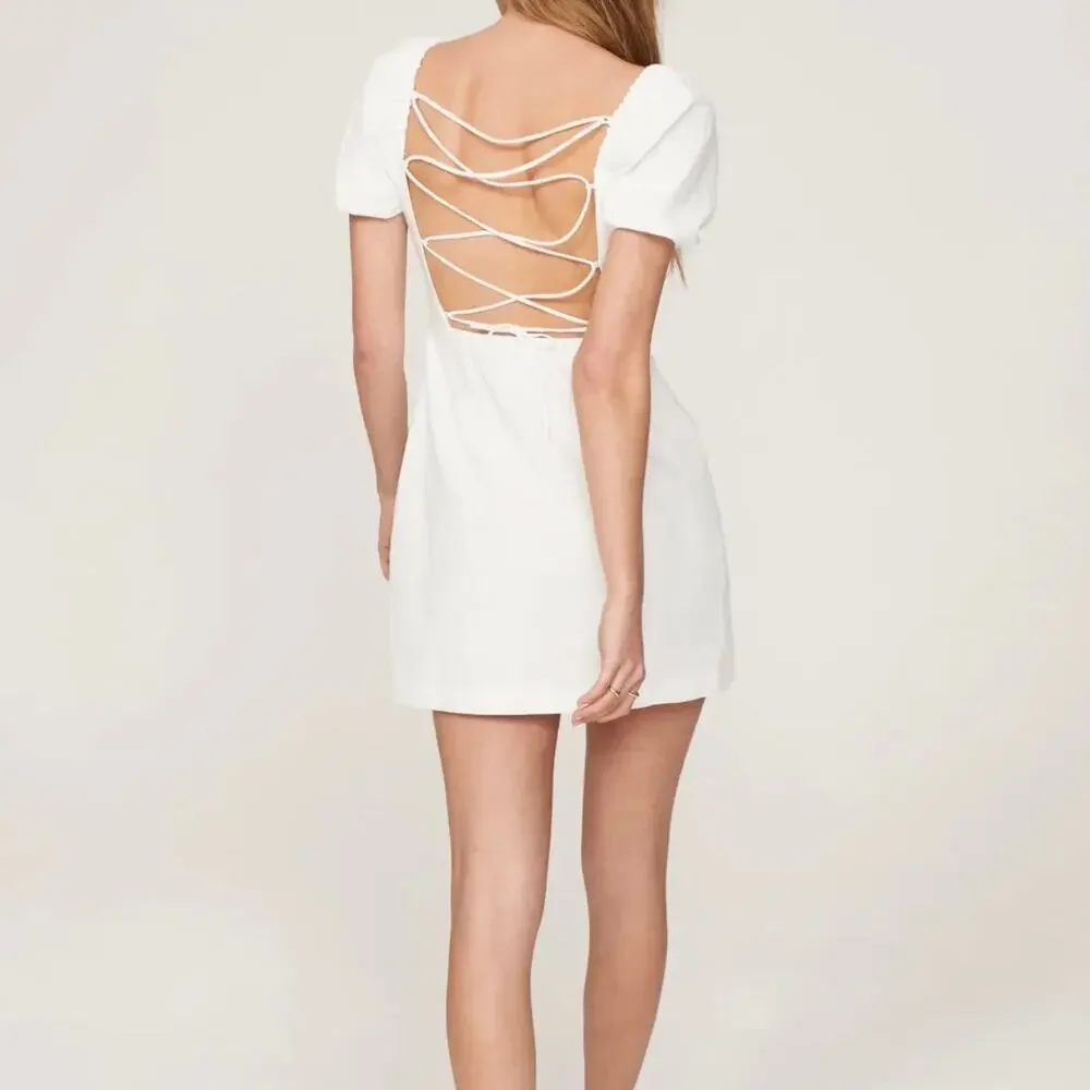 Louna Women’s Tie Back Puff Sleeve Cotton Mini Dress XS White Bachelorette